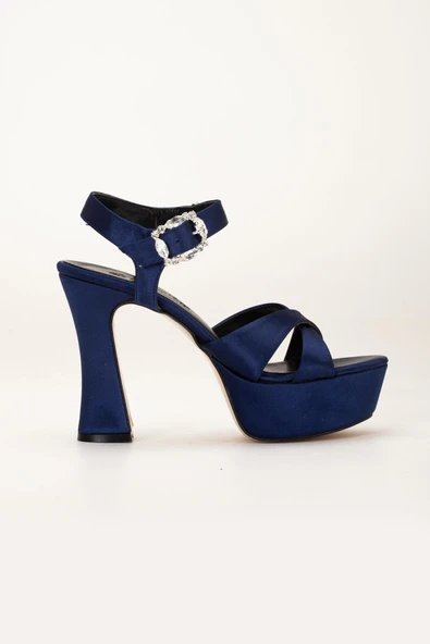 Platformlu Saten Taşlı Lacivert Kadın Topuklu Abiye Ayakkabı - Resim 5