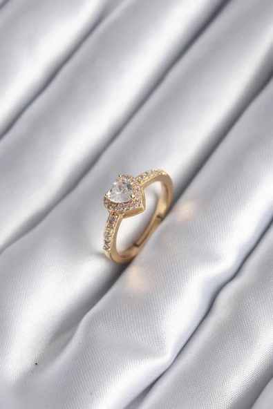 Pirinç Gold Renk Zirkon Taşlı Kalp Charm Model Kadın Yüzük - TJ-BYK2959 ürün görseli 1