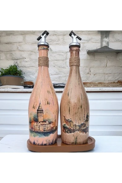 İstanbul Manzarası Desenli Sunum Stantlı 2'li 750 ml Zeytinyağı Sıvıyağ Şişesi Yağdanlık Yağlık