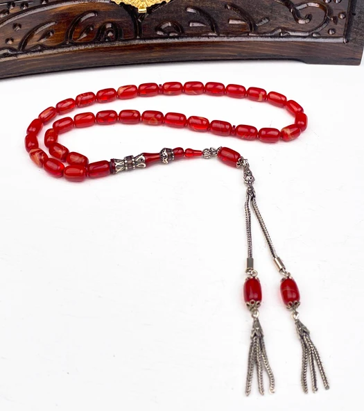 925 Ayar Gümüş Püsküllü Kapsül Kesim Sıkma Kehribar Tesbih ürün görseli 1