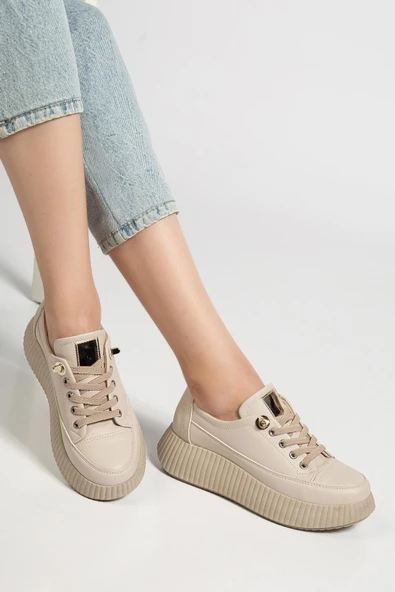 Kadın Casual Spor Ayakkabı Bej Elastik Bağcıklı Kalın Taban - Resim 2