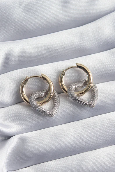 Pirinç Gold Renk Halka Gümüş Zirkon Taşlı Kalp Model VİP Seri Kadın Küpe - TJ-BKP8229 ürün görseli