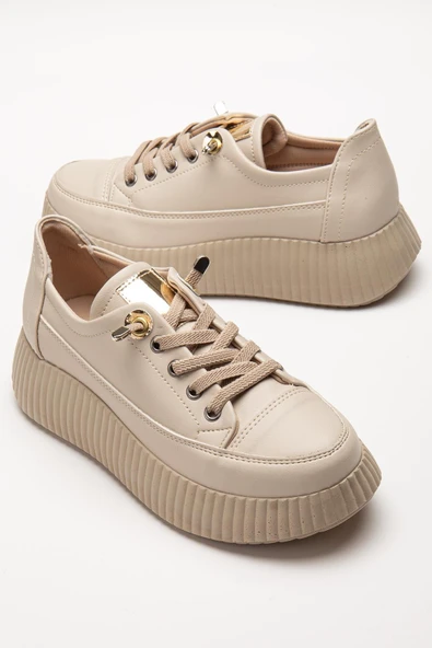 Kadın Casual Spor Ayakkabı Bej Elastik Bağcıklı Kalın Taban ürün görseli