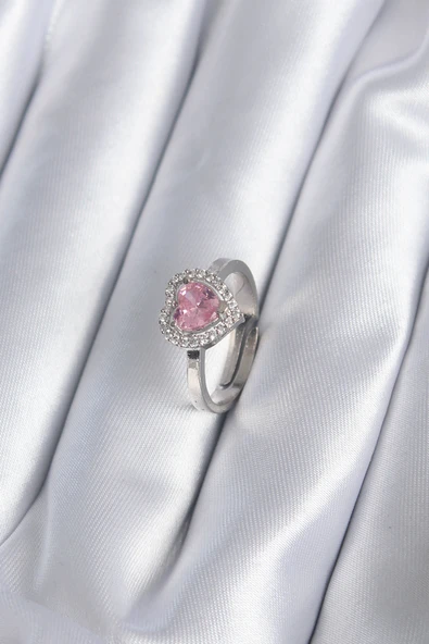 Pirinç Gümüş Renk Pembe Zirkon Taşlı Charm Model Kadın Yüzük - TJ-BYK2864 ürün görseli 1