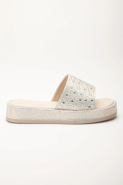 Kadın Dolgu Topuklu Terlik Bej Kalın Tek Bantlı Taşlı Tokalı Taban Sargılı - Resim 3