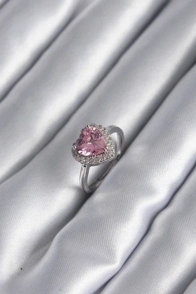 Pirinç Gümüş Renk Pembe Zirkon Taş Kalp Charm Model Kadın Yüzük - TJ-BYK2954 ürün görseli 1
