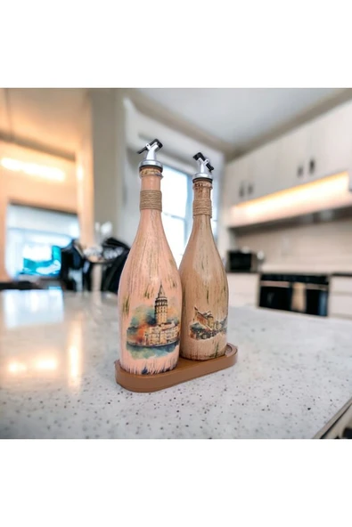 İstanbul Manzarası Desenli Sunum Stantlı 2'li 750 ml Zeytinyağı Sıvıyağ Şişesi Yağdanlık Yağlık - 5