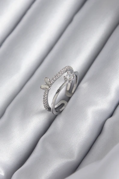 Pirinç Gümüş Renk Zirkon Taşlı Kelebek Model Kadın Yüzük - TJ-BYK2932 ürün görseli 1