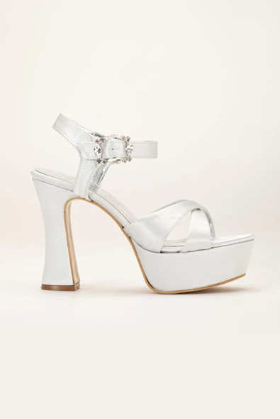 Platformlu Saten Taşlı Gümüş Kadın Topuklu Abiye Ayakkabı - Resim 7