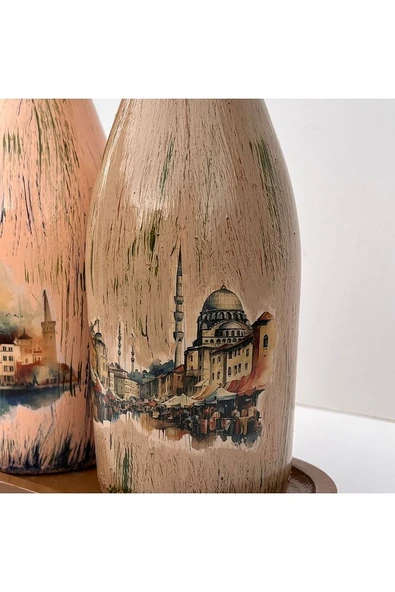 İstanbul Manzarası Desenli Sunum Stantlı 2'li 750 ml Zeytinyağı Sıvıyağ Şişesi Yağdanlık Yağlık - 8