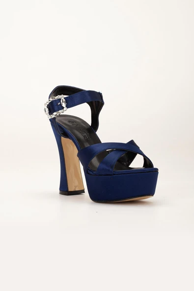Platformlu Saten Taşlı Lacivert Kadın Topuklu Abiye Ayakkabı - Resim 6