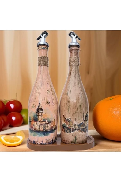 İstanbul Manzarası Desenli Sunum Stantlı 2'li 750 ml Zeytinyağı Sıvıyağ Şişesi Yağdanlık Yağlık - 2