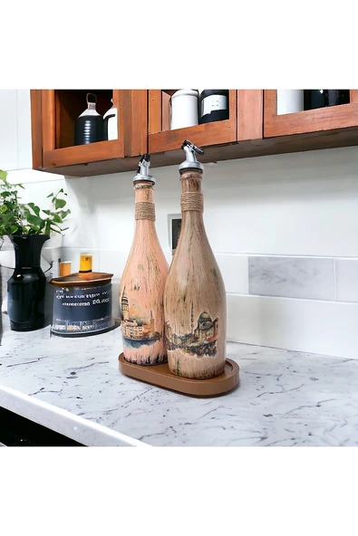 İstanbul Manzarası Desenli Sunum Stantlı 2'li 750 ml Zeytinyağı Sıvıyağ Şişesi Yağdanlık Yağlık - 4