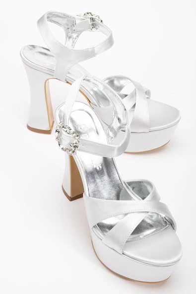 Platformlu Saten Taşlı Gümüş Kadın Topuklu Abiye Ayakkabı - Resim 6
