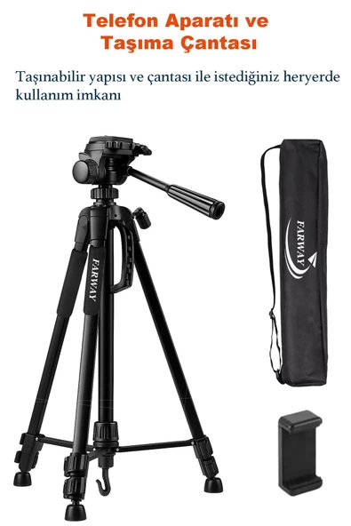 Farway Profesyonel Alüminyum Tripod 360 derece  Ayarlanılabilir Panoramik Başlık Su Terazili Telefon Tutucu 175cm - 6