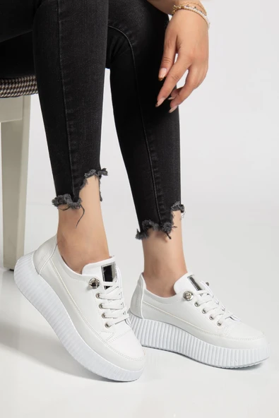 Kadın Casual Spor Ayakkabı Beyaz Elastik Bağcıklı Kalın Taban - Resim 2