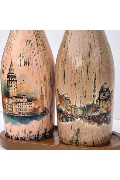 İstanbul Manzarası Desenli Sunum Stantlı 2'li 750 ml Zeytinyağı Sıvıyağ Şişesi Yağdanlık Yağlık - 6