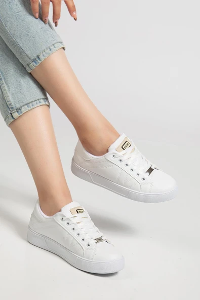 Kadın Casual Spor Ayakkabı Beyaz İnce Taban Bağcıklı - Resim 2