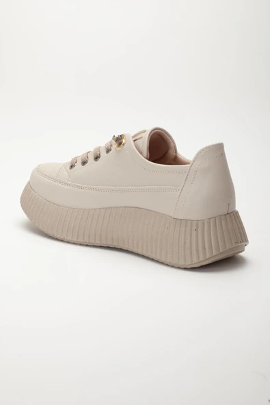 Kadın Casual Spor Ayakkabı Bej Elastik Bağcıklı Kalın Taban - Resim 5