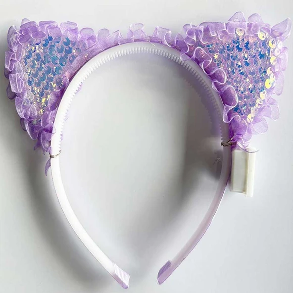 Kenarları Dantelli Mor Pullu Payetli Led Işıklı Kedi Kulak Taç 17x19 cm ürün görseli 1