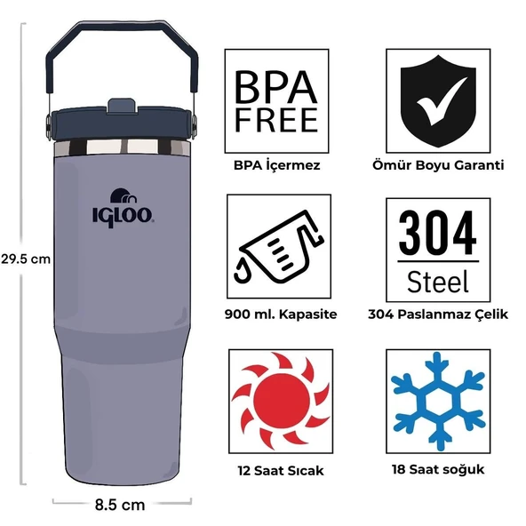 Igloo Powder Çelik Termos 900ml Duman Mavi 12Saat Sıcak/18Saat Soğuk Saklama - 5