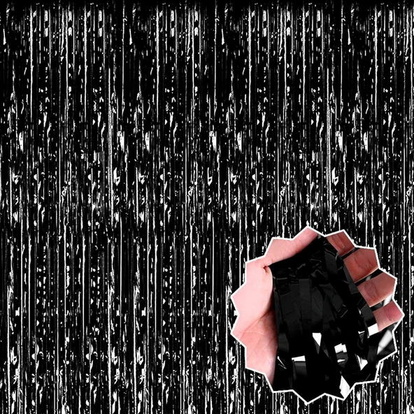 Siyah Renk Ekstra Metalize DKTTk Saçaklı Arka Fon Perde İthal A Kalite 1x2 Metre ürün görseli 1