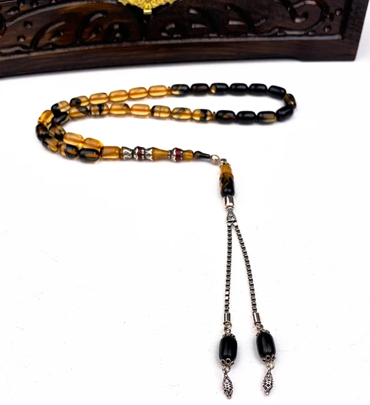 925 Ayar Gümüş Püsküllü Kapsül Kesim Ateş Kehribar Tesbih ürün görseli 1