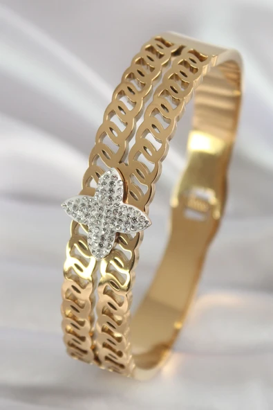 316L Çelik Gold Renk Zirkon Taşlı Çiçek Model Kadın Kelepçe - TJ-BB5902 ürün görseli 1