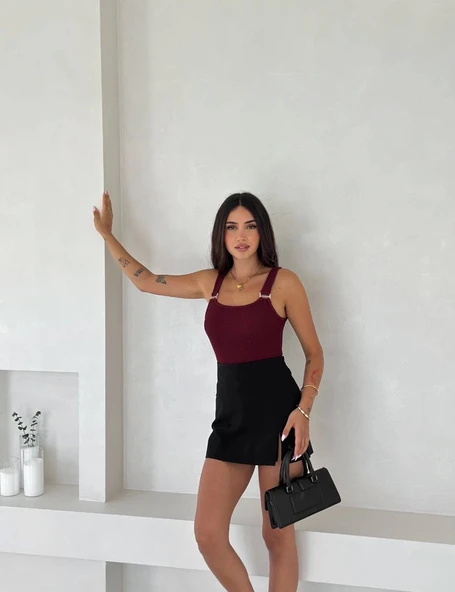 Ottoman toka askılı bluz bordo s4194 - Resim 3