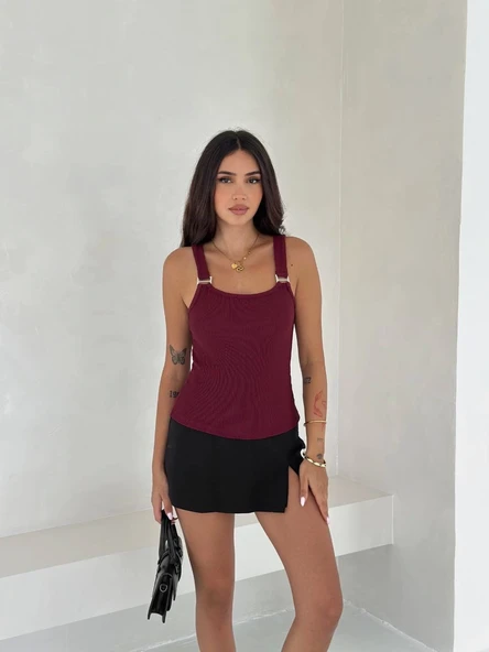 Ottoman toka askılı bluz bordo s4194 - 3