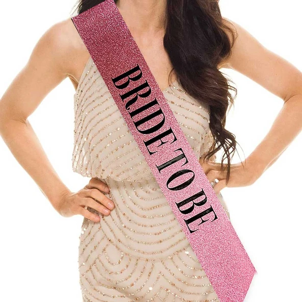 Pembe Üzeri Siyah Kalın Bride To Be Yazılı Simli Işıltılı Kuşak Kemer 10x80 cm ürün görseli 1