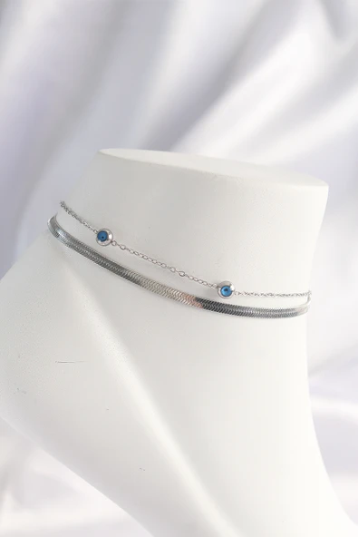 316L Çelik Gümüş Renk Nazar Boncuk Tasarımlı 2li Halhal - TJ-HH1608 ürün görseli 1