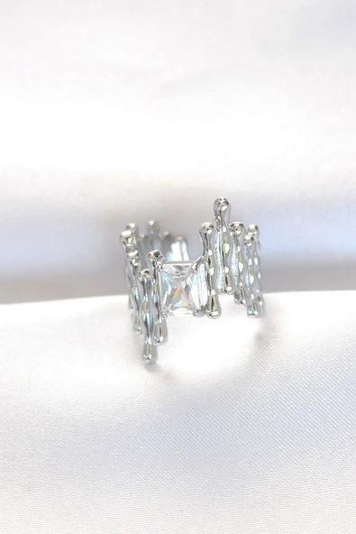 Silver Renk Tırtıklı Kalın Baget Taş Tasarım Ayarlanabilir Yüzük - TJ-BYK3104 ürün görseli 1