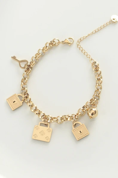 316L Çelik Gold Renk Karışık Aksesuarlı Oval Zincir Bileklik - TJ-BB6038 ürün görseli 1