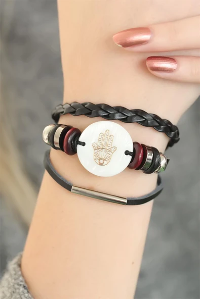 Siyah Renk Fatma Ana Eli Tasarım Çoklu Deri Bayan Bileklik - TJ-BB2705-KS ürün görseli 1