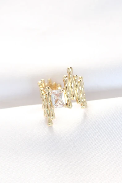 Gold Renk Tırtıklı Kalın Baget Taş Tasarım Ayarlanabilir Yüzük - TJ-BYK3105 ürün görseli 1