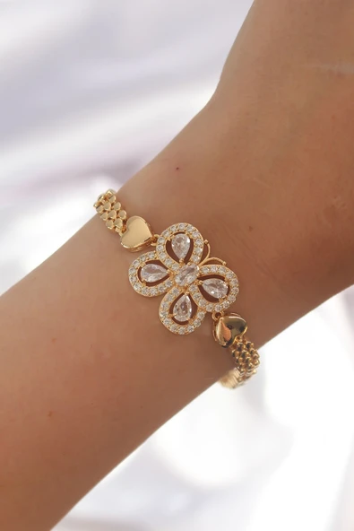 Pirinç Gold Renk Zirkon Taşlı Kelebek Figürlü Parçalı Model Bileklik - TJ-BB6132 ürün görseli 1