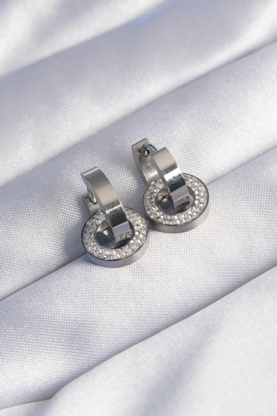 316L Çelik Gümüş Renk Zirkon Taşlı İç İçe Geçmeli Oval Küpe - TJ-BKP9013 ürün görseli