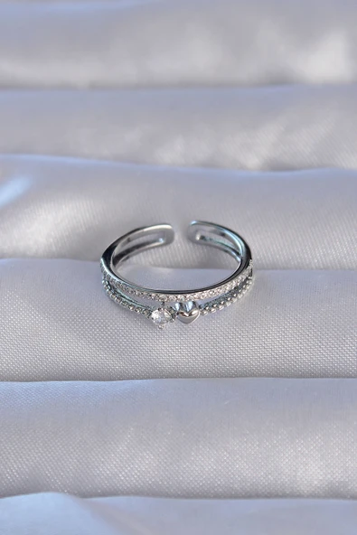 Pirinç Gümüş Renk Zirkon Taşlı Kalpli Su Yolu Model Ayarlanabilir Yüzük - TJ-BYK3220 - Resim 2