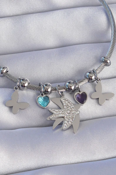 316L Çelik Gümüş Renk Zirkon Taşlı Kuş Tasarımlı Kelebek Detay Charm Bileklik - TJ-BB6194 - Resim 2