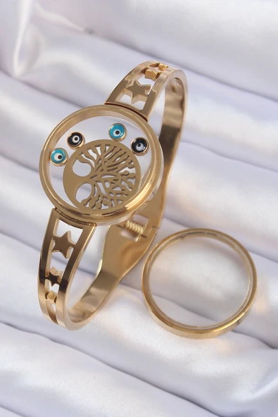 316L Çelik Altın Renk İçi Yaşam Ağacı ve Nazar Boncuk Figürlü Açılabilir Fanus Kelepçe - TJ-BB6158 ürün görseli 1