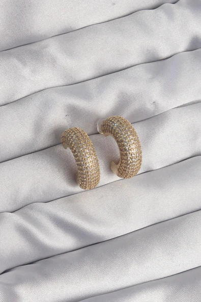 Pirinç Gold Renk Zirkon Taşlı Yarım Halka Küpe - TJ-BKP9113 - Resim 2