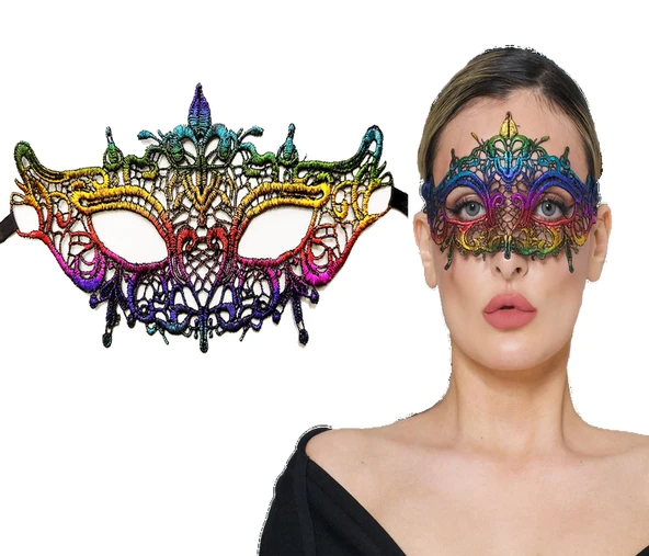 Rengarenk Dantel Kesim Dantel İşlemeli Balo Parti Maskesi Gökkuşağı ürün görseli 1