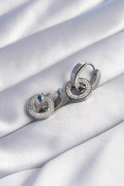 316L Çelik Gümüş Renk Zirkon Taşlı İç İçe Geçmeli Oval Küpe - TJ-BKP9013 - Resim 2