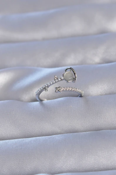 Pirinç Gümüş Renk Zirkon Taşlı İncili Satürn Model Ayarlanabilir Yüzük - TJ-BYK3222 ürün görseli 1