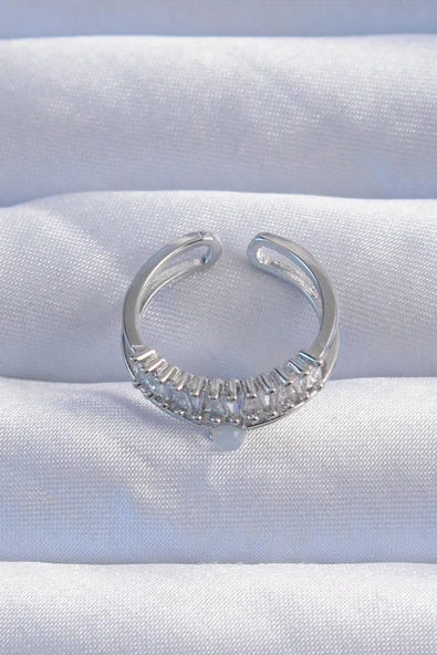 Pirinç Gümüş Renk Sedefli Zirkon Taşlı Su Yolu Model 2li Görünüm Ayarlanabilir Yüzük - TJ-BYK3254 - Resim 2