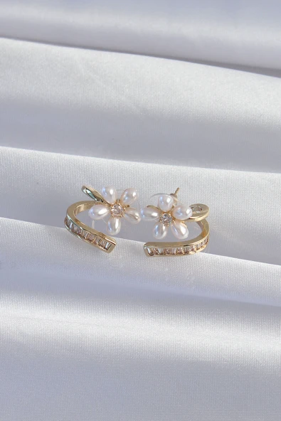 Pirinç Gold Renk Zirkon Taşlı Kıvrımlı İnci Çiçek Küpe - TJ-BKP9277 - Resim 2