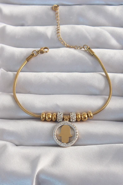 316L Çelik Gold Renk Zirkon Taş Aksesuarlı Fatma Ana Eli Bileklik - TJ-BB6233 ürün görseli