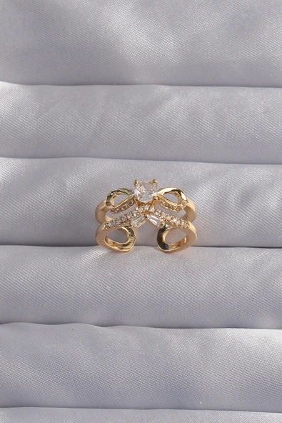 Pirinç Ayarlamalı Gold Renk Zirkon Taşlı 2li Görünüm Fiyonk Yüzük - TJ-BYK3287 ürün görseli 1