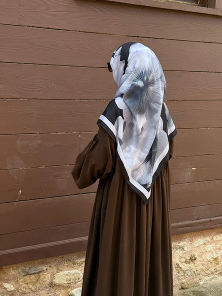 Pamuklu Flora Desen Eşarp-Siyah/Antrasit - 3